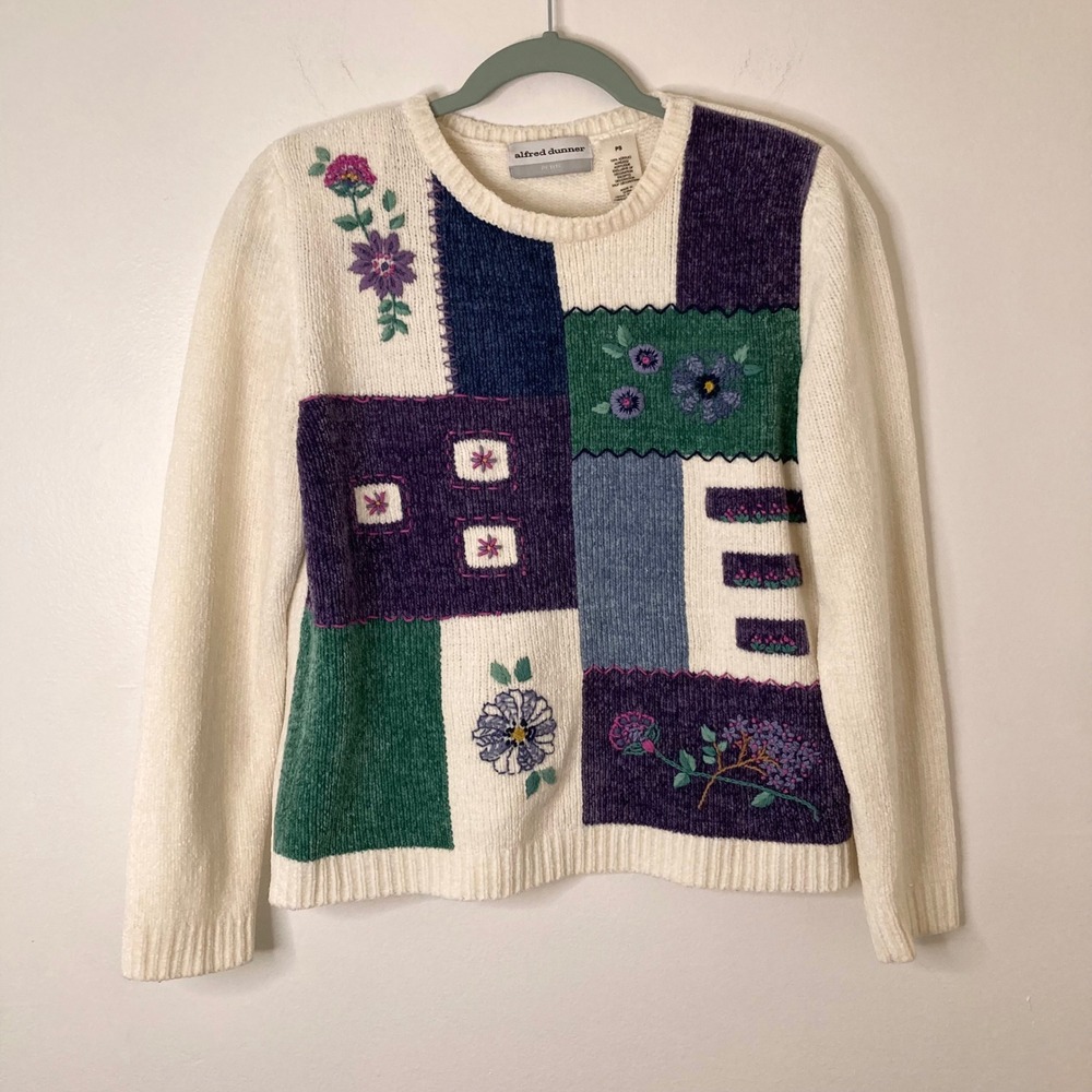 Vintage Alfred Dunner Floral Patchwork Chenille Sweater PS Grandmacore Cottage